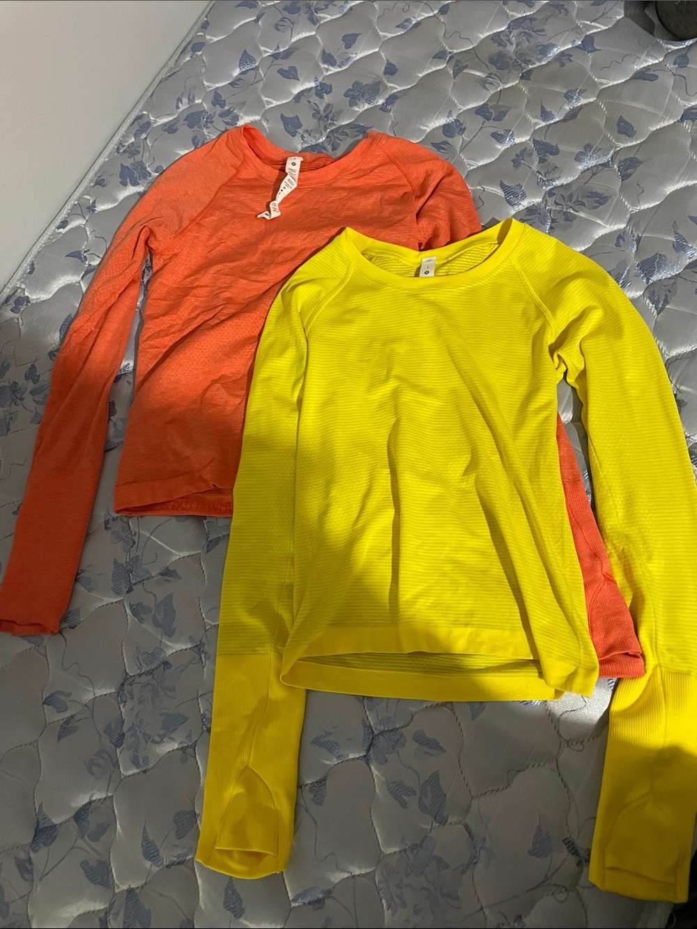 lululemon athletica women Long-Sleeve Crew Tees in Yellow and Orange
